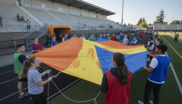 Athletic event staff preparing a custom breakaway banner at a player entrance