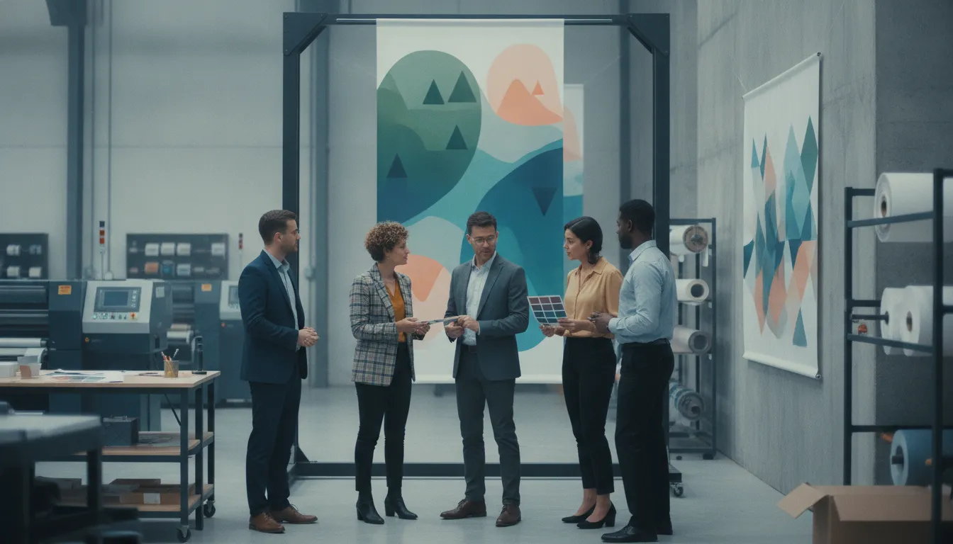 Business team comparing large-format banner options in a print studio