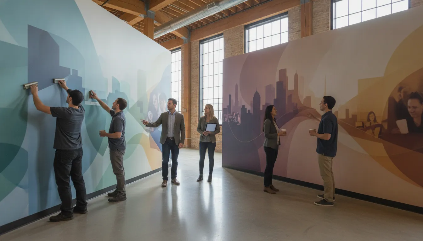 Business team reviewing removable and permanent wall graphics in a commercial interior