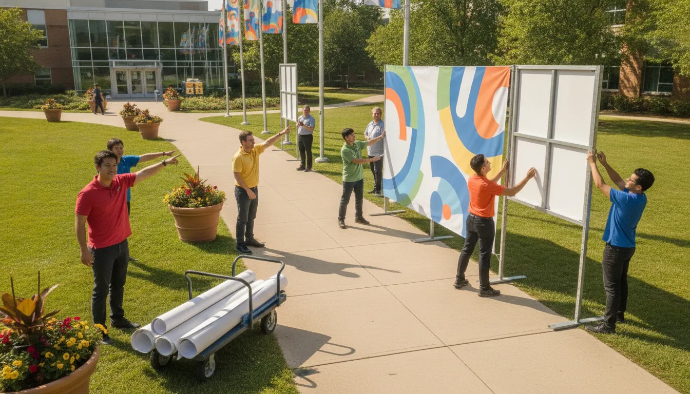 School event team arranging large-format banners and directional signs on a campus