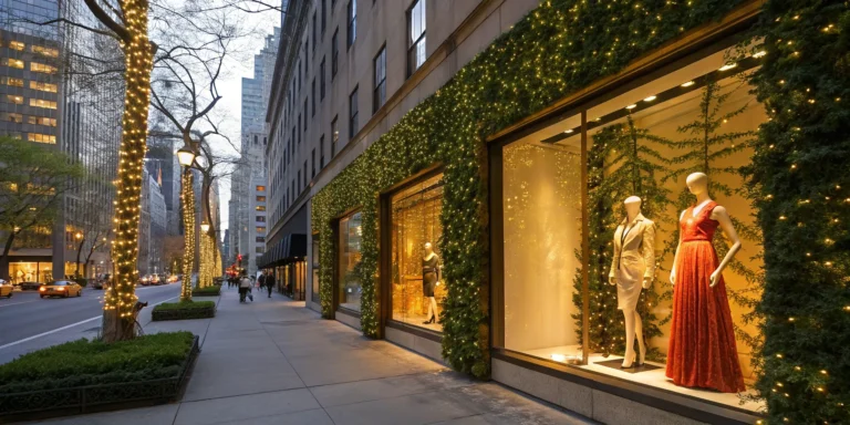 Retail window display featuring mannequins in elegant outfits with festive lights and greenery.