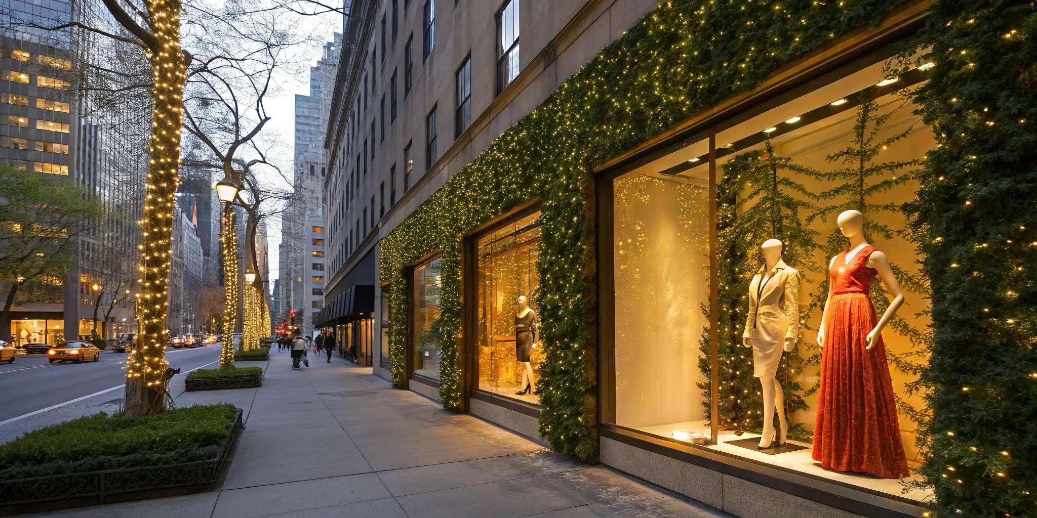 Retail window display featuring mannequins in elegant outfits with festive lights and greenery.