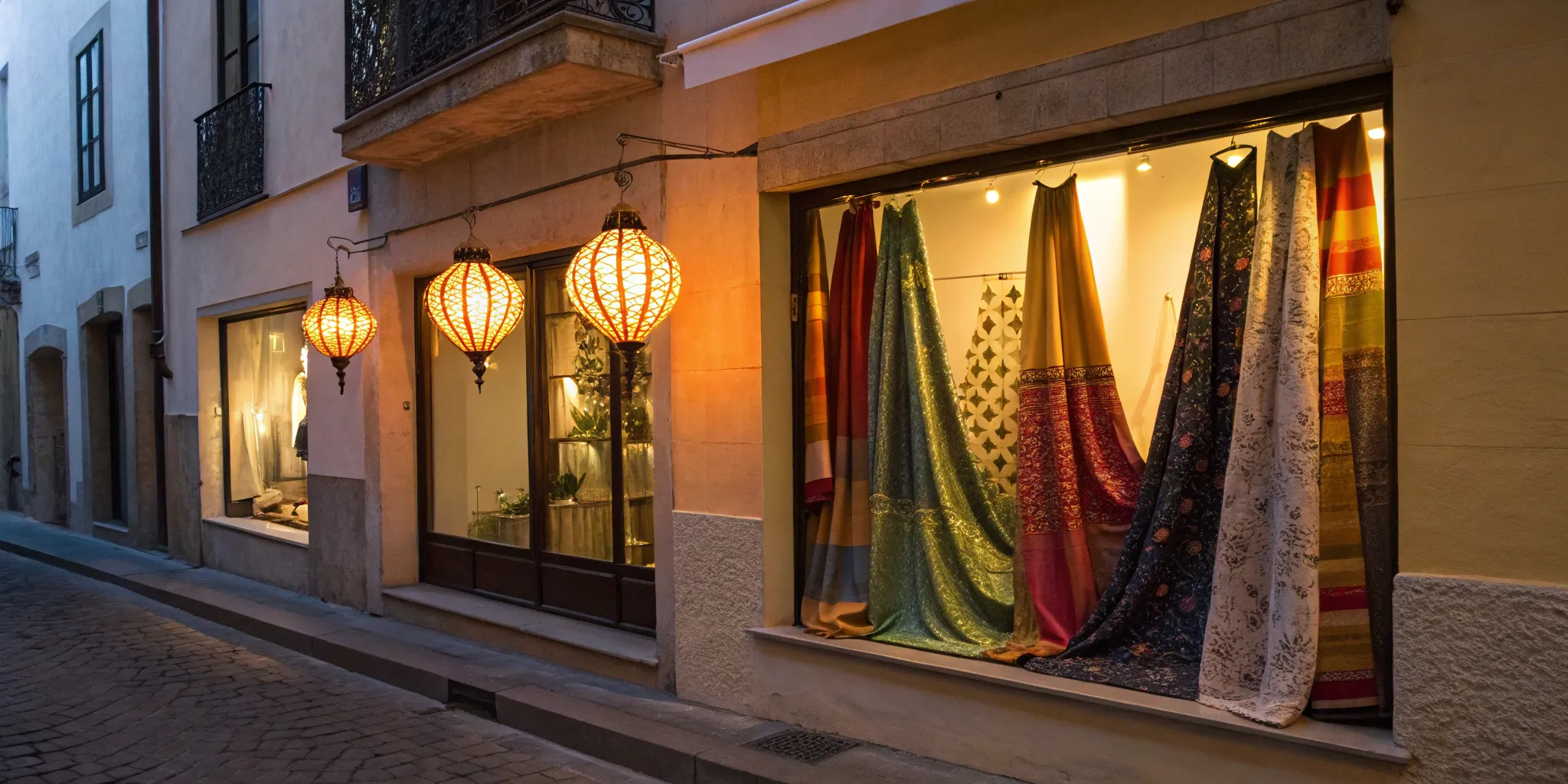 A window display design idea featuring colorful fabrics and warm lanterns.