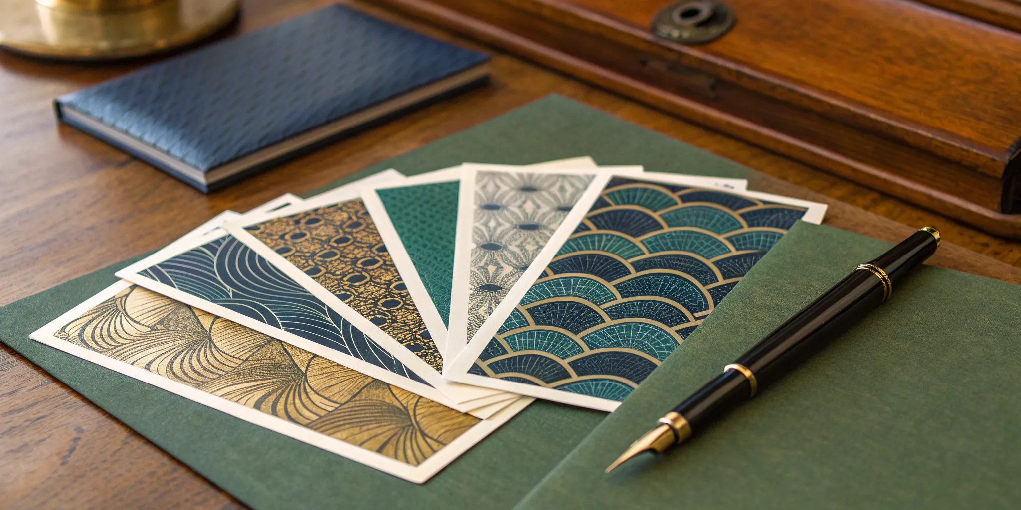 Direct mail postcard examples with effective marketing designs spread out on a desk.