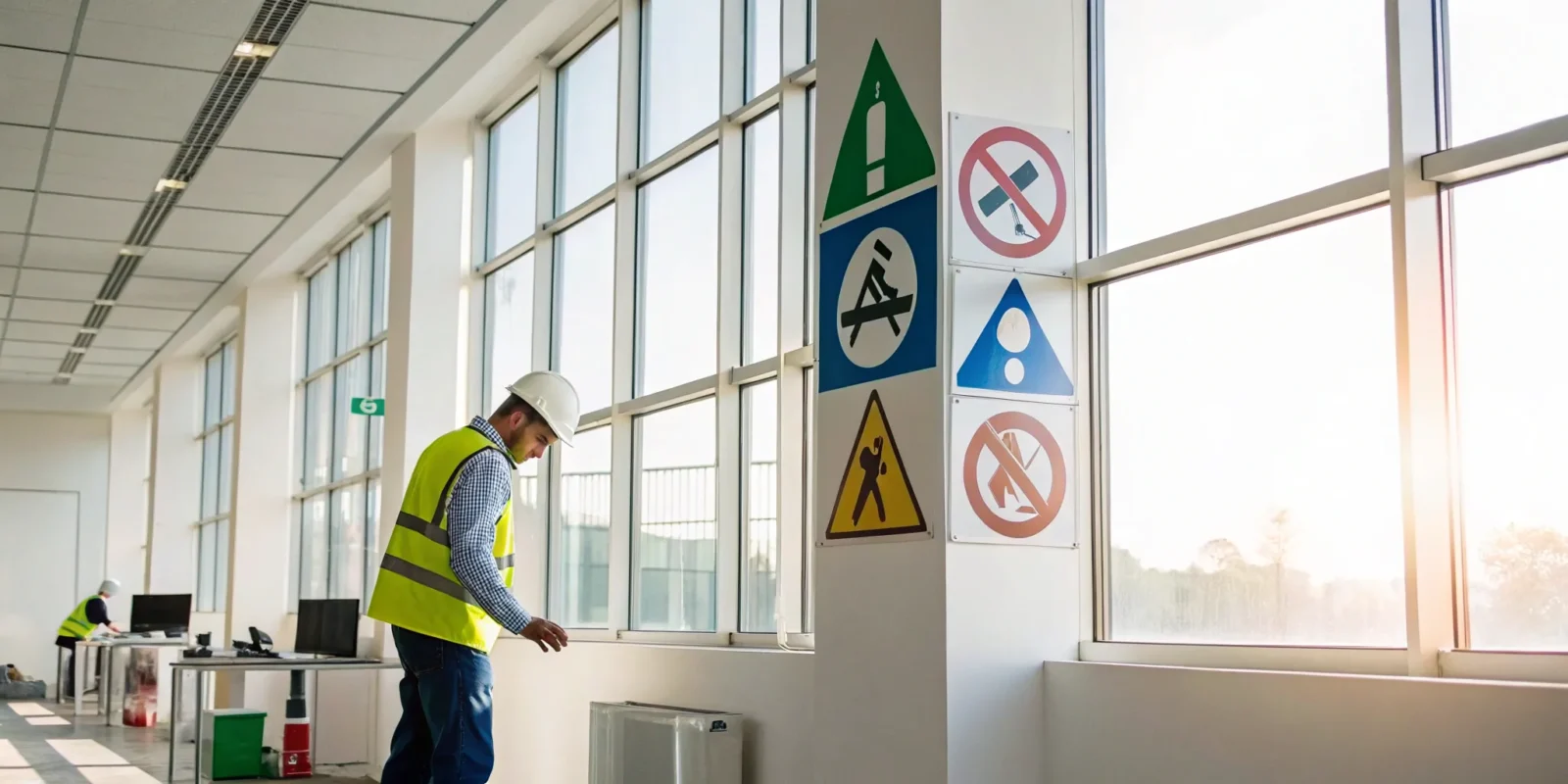 A worker in a hard hat reviews the meanings of workplace safety signs and symbols.