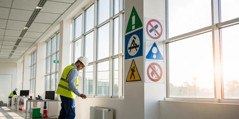 A worker in a hard hat reviews the meanings of workplace safety signs and symbols.