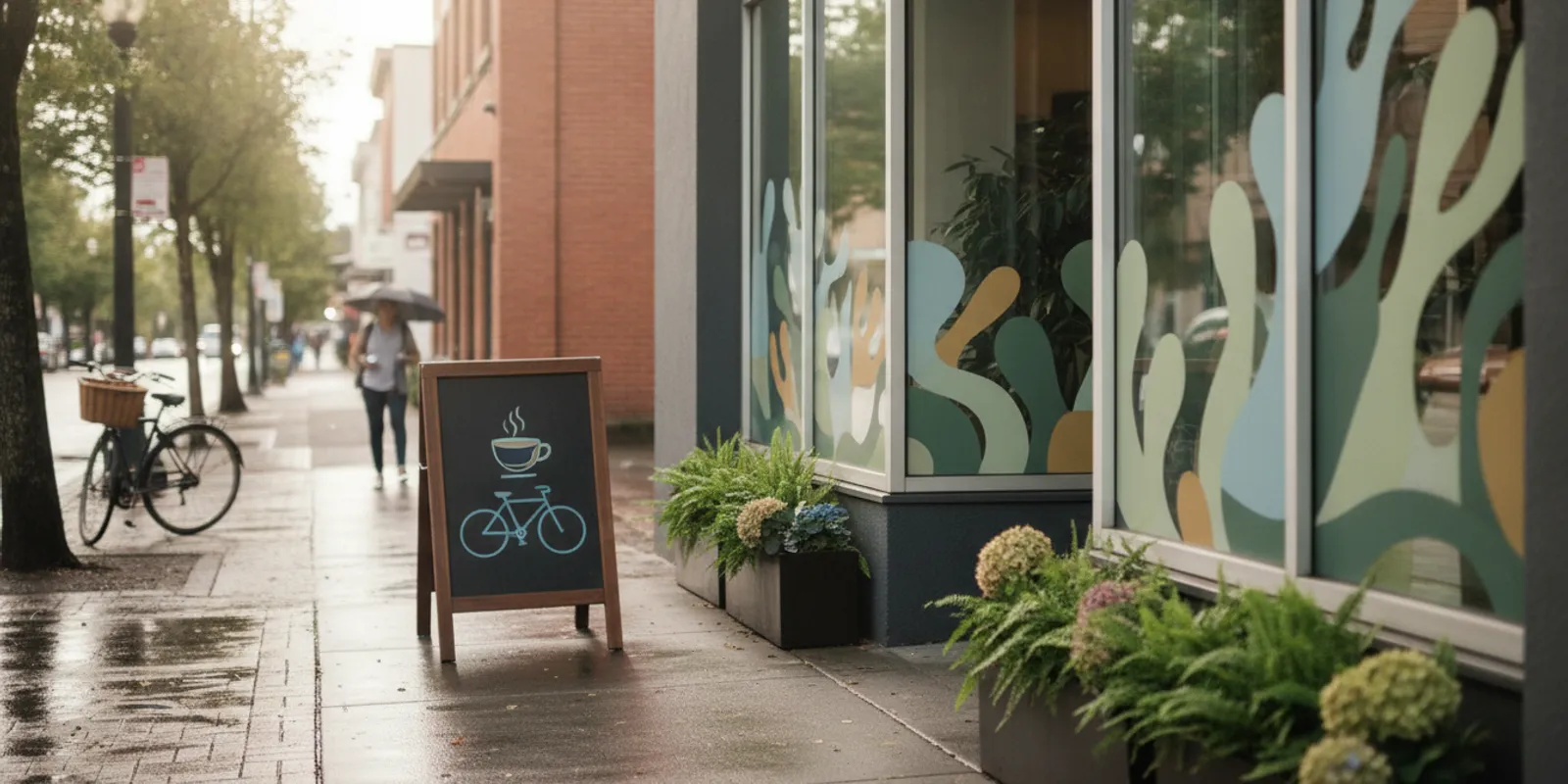 A Portland-area storefront with coordinated window graphics and a sidewalk sign