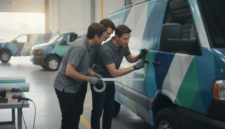 Fleet manager and vehicle graphics crew planning vinyl wrap removal in a bright service bay