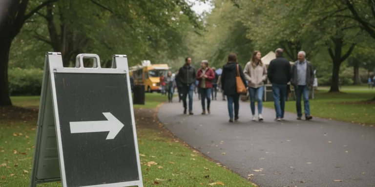 Metal A-frame signs guiding visitors along an outdoor event walkway