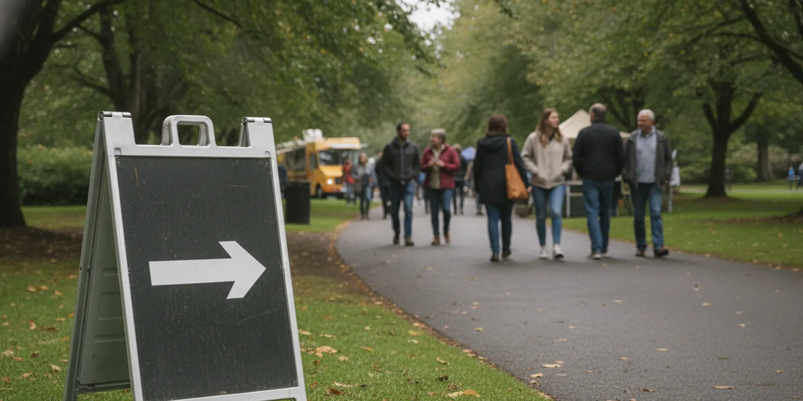 Metal A-frame signs guiding visitors along an outdoor event walkway