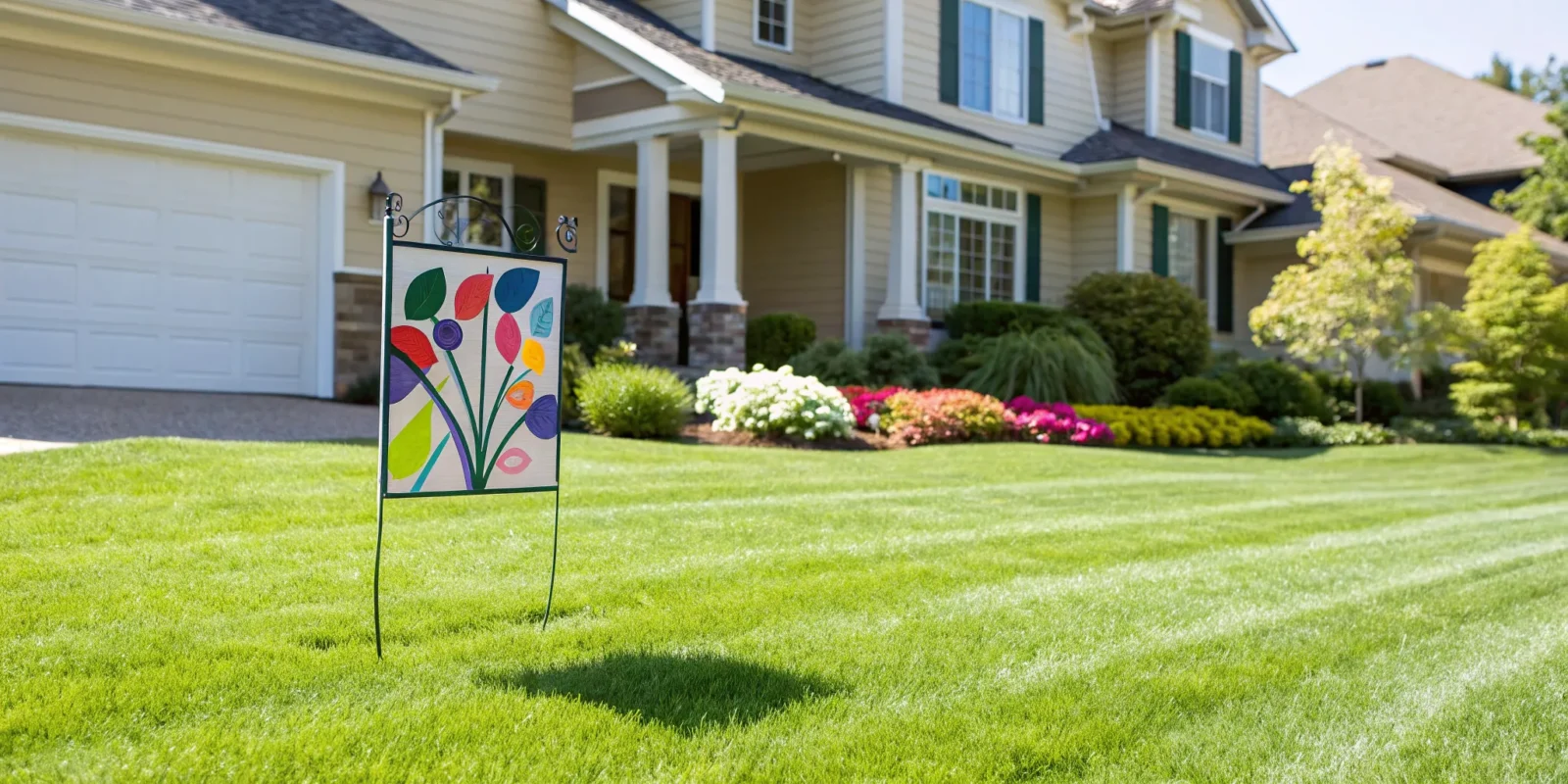 Custom printed yard sign installed on a green lawn in front of a house.