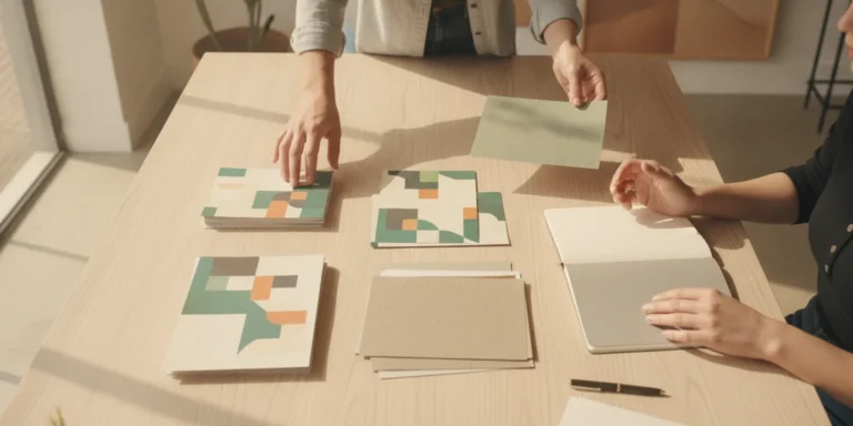 Printed direct-mail postcards arranged beside a campaign planning notebook