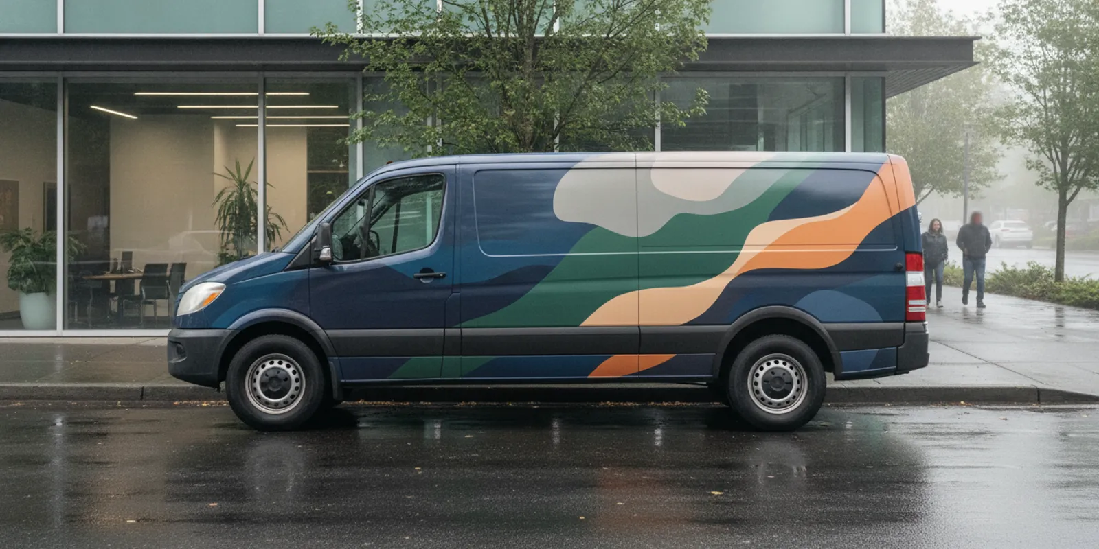 Commercial van with a professionally installed colorful vehicle wrap parked outside a business