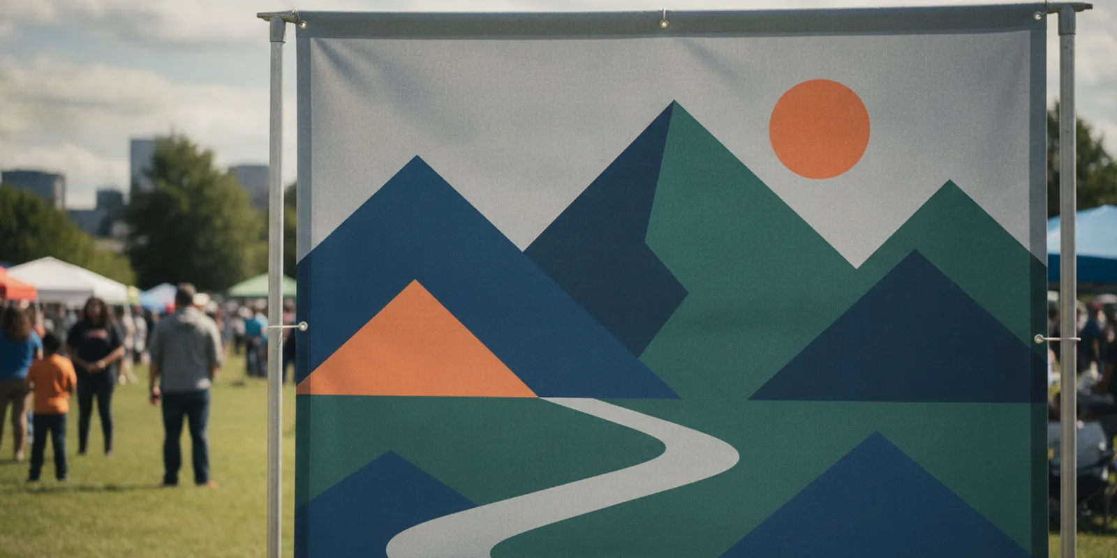 Custom event banner displayed at an outdoor Portland event