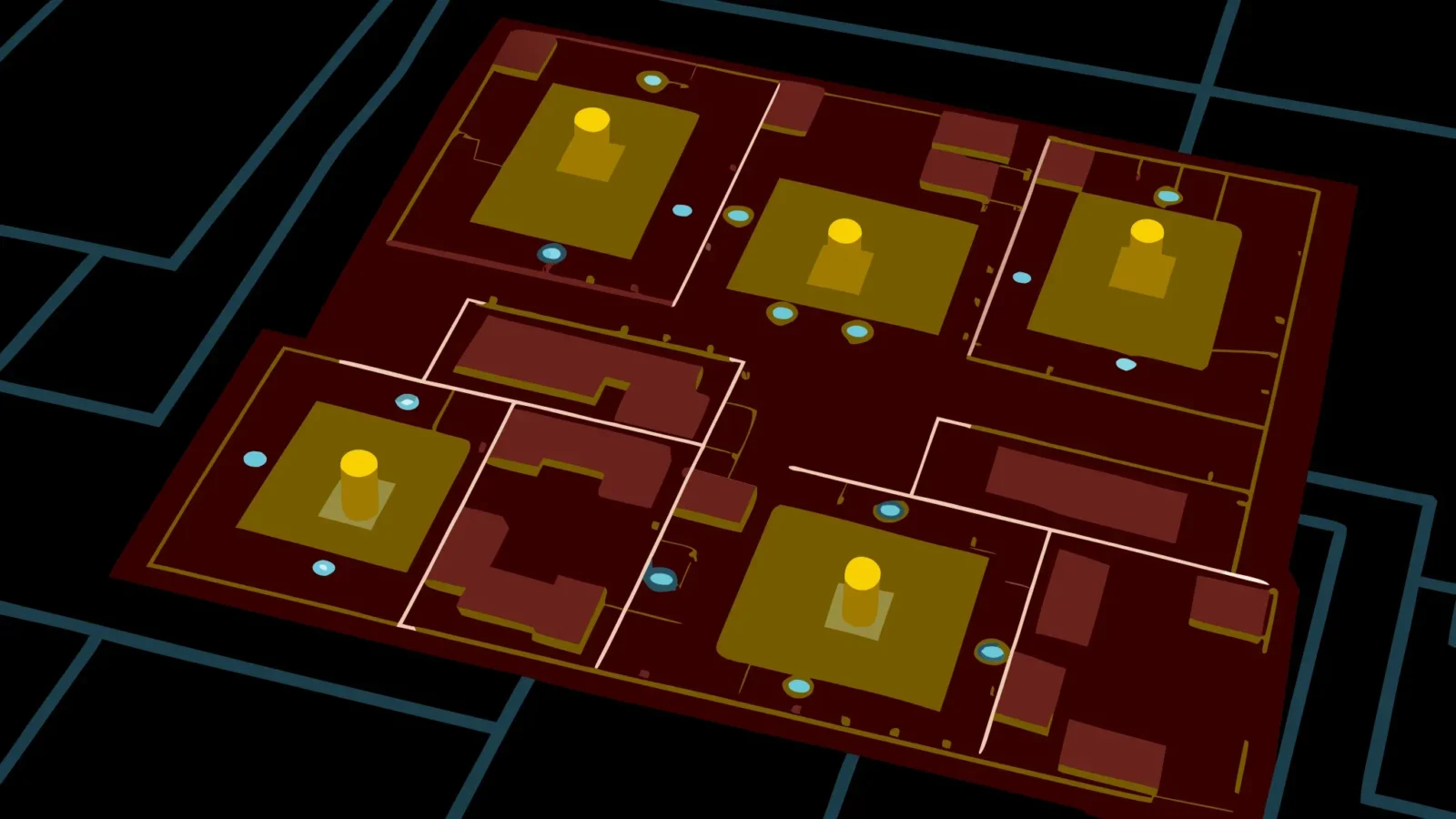 Blueprint illustration showing safety sign placement planning across multiple building locations