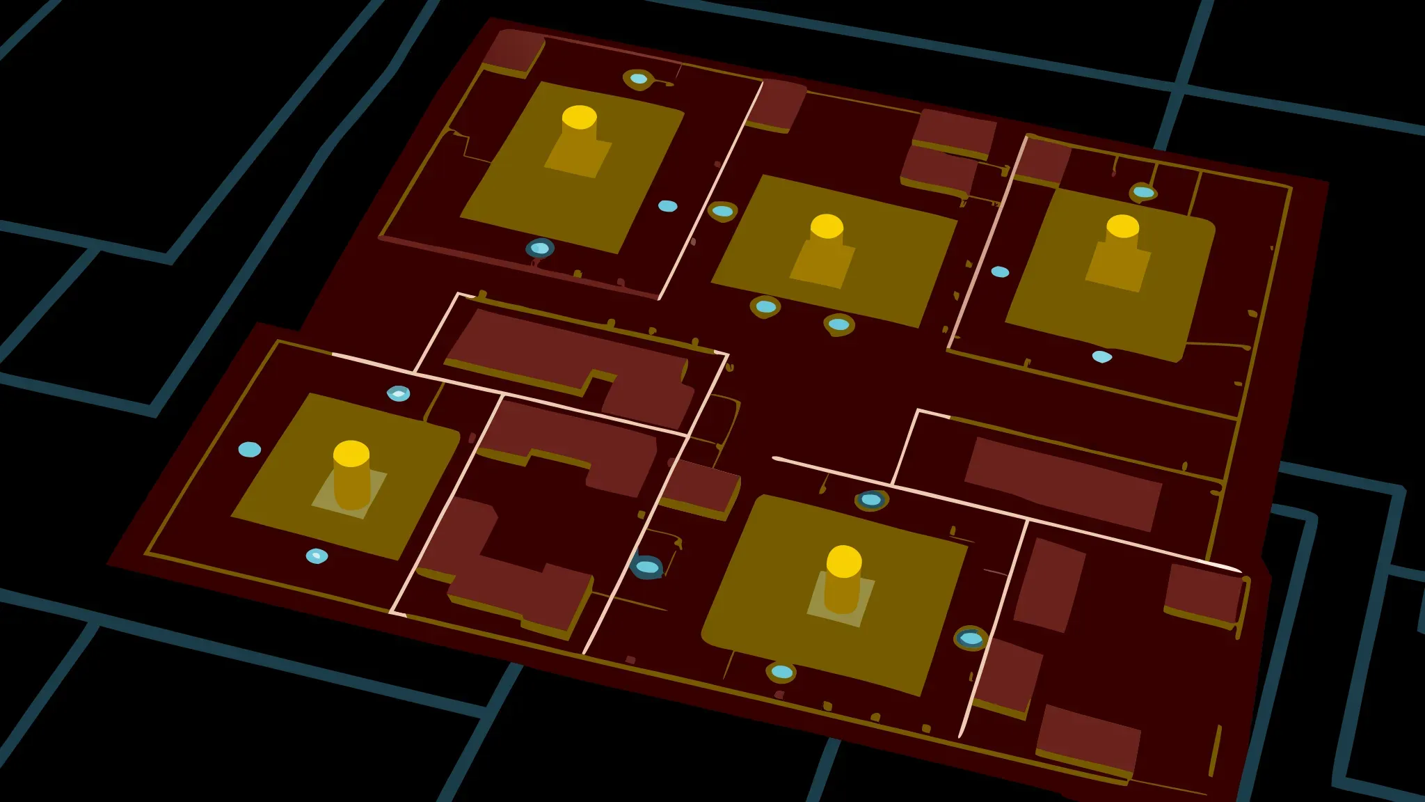 Blueprint illustration showing safety sign placement planning across multiple building locations