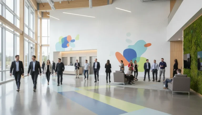 People moving through a bright office with coordinated wall and floor graphics