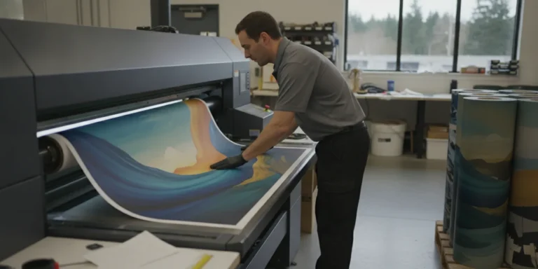 Large-format outdoor campaign graphics being prepared for installation at a Portland-area location