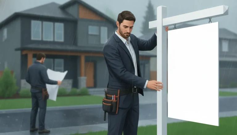 Real estate sign printing professional inspecting a blank property sign panel in Portland rain