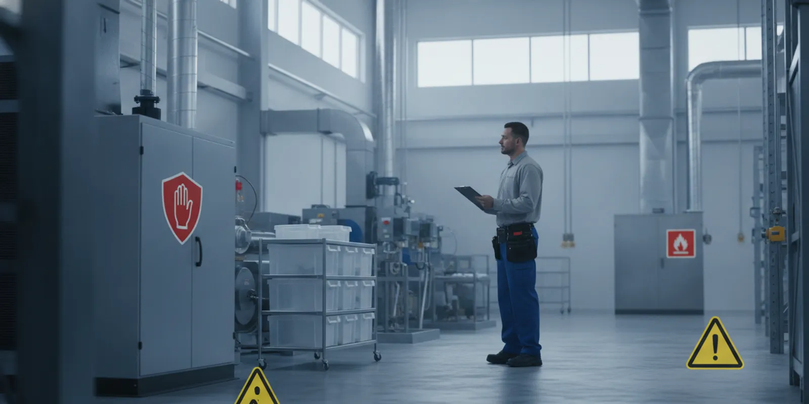 Durable safety labels applied to organized facility equipment