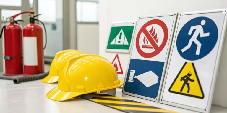An arrangement of essential workplace safety signs, a hard hat, and a fire extinguisher.