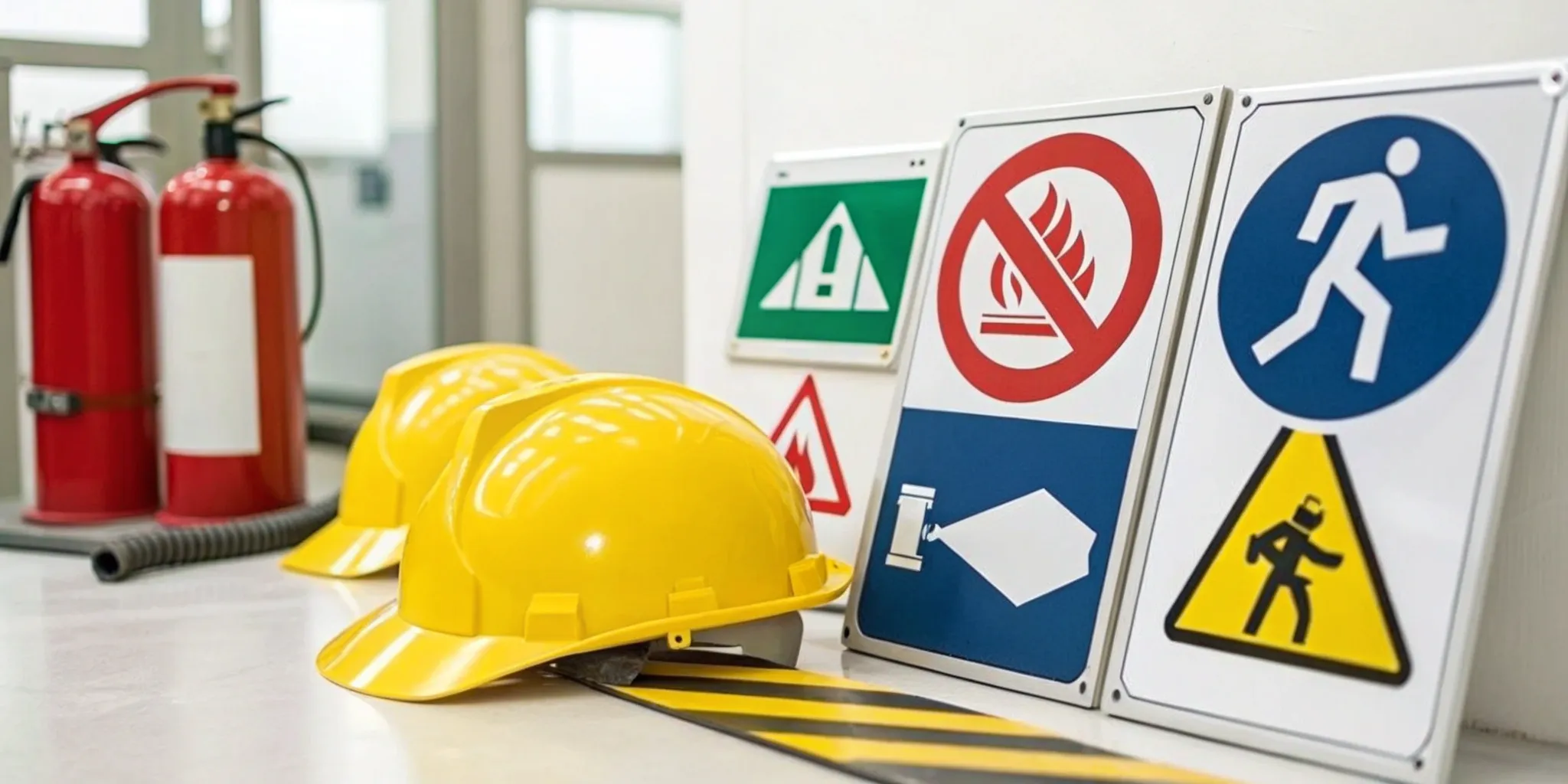 An arrangement of essential workplace safety signs, a hard hat, and a fire extinguisher.