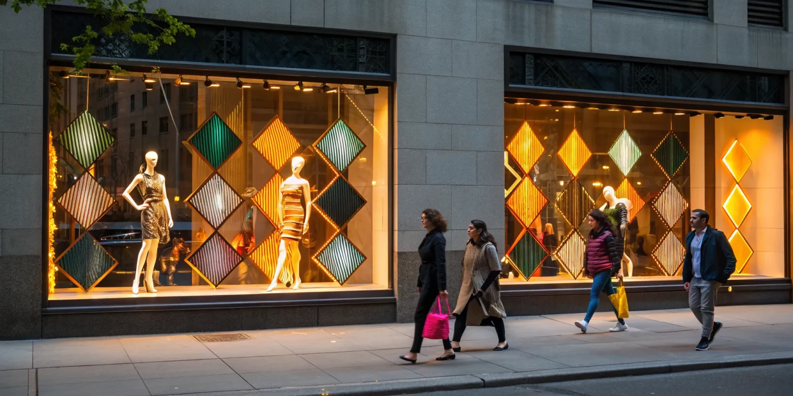 A striking store window design with mannequins, bold lighting, and geometric patterns.