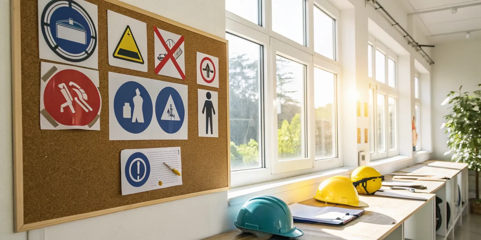Workplace safety signs with various colors and symbols explaining their meanings.